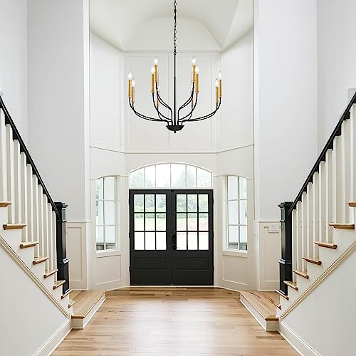 A|M Lighting Black and Gold Chandeliers for Dining Room, 6-Light Farmhouse Chandelier Height Adjustable Pendant Ceiling Light Fixture, Modern Candle Chandelier for Bedroom Foyer Kitchen Living Room Entryway