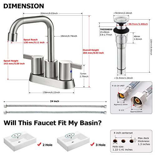 A|M Aquae 2 Handles Bathroom Faucet Brushed Nickel with Metal Pop-up Drain and Faucet Supply Lines, 1431602