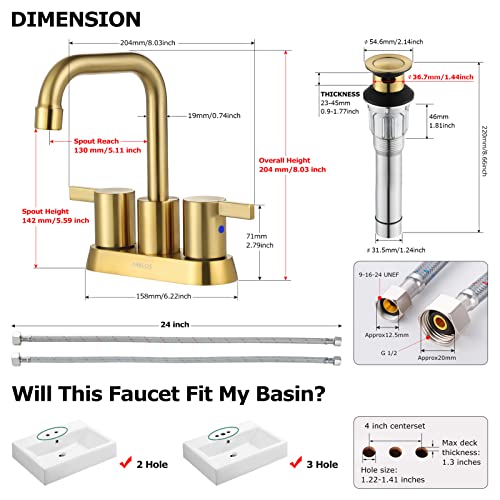 A|M Aquae 2 Handles Bathroom Faucet Brushed Nickel with Metal Pop-up Drain and Faucet Supply Lines, 1431602