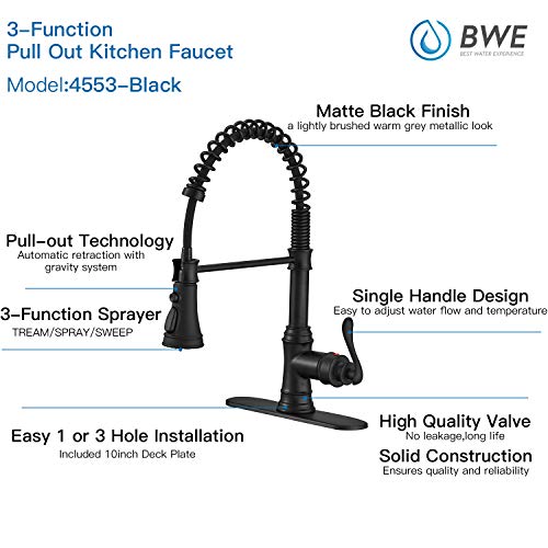 A|M Aquae Kitchen Sink Faucet with Deck Plate Matte Black with Pull Down Sprayer 3 Spray Modes Single Handle Singe Lever High Arc Kitchen Faucet Lead-Free Farmhouse Commercial Bar Kitchen Faucets