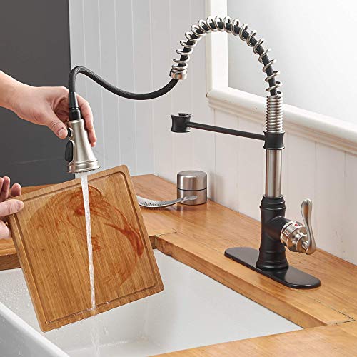 A|M Aquae Kitchen Sink Faucet with Deck Plate Matte Black with Pull Down Sprayer 3 Spray Modes Single Handle Singe Lever High Arc Kitchen Faucet Lead-Free Farmhouse Commercial Bar Kitchen Faucets