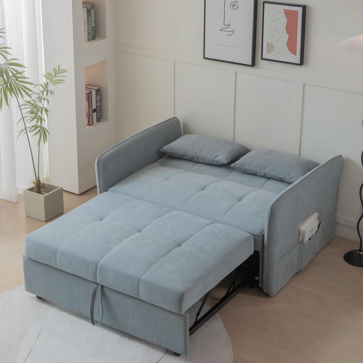 Chenille fabric pull-out sofa bed,sleeper loveseat couch with adjustable armrests-Grey