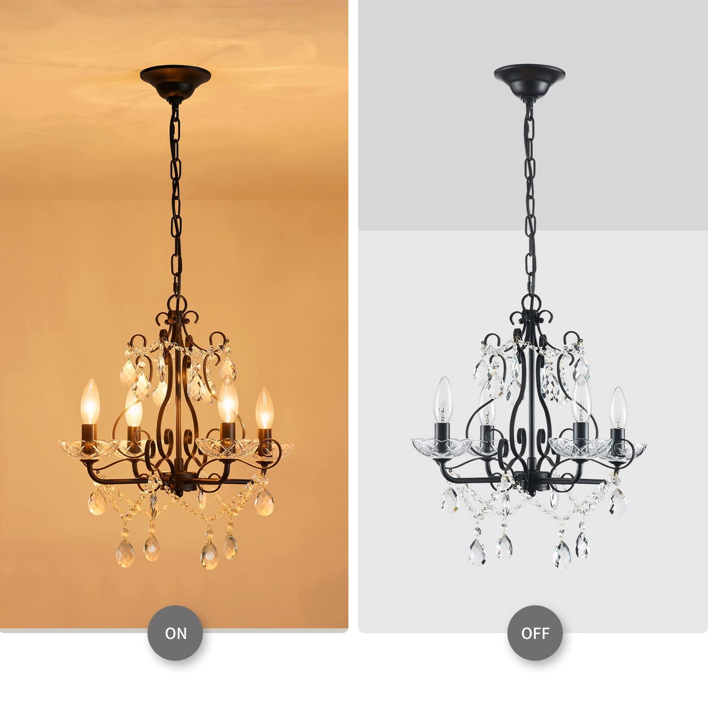 Crystal Candle Chandelier Pendant Flus mount Ceiling Light Modern Lighting Fixture for Bedroom Hallway Bar Kitchen Bathroom, H 14" x W 16", Black, E12 Base