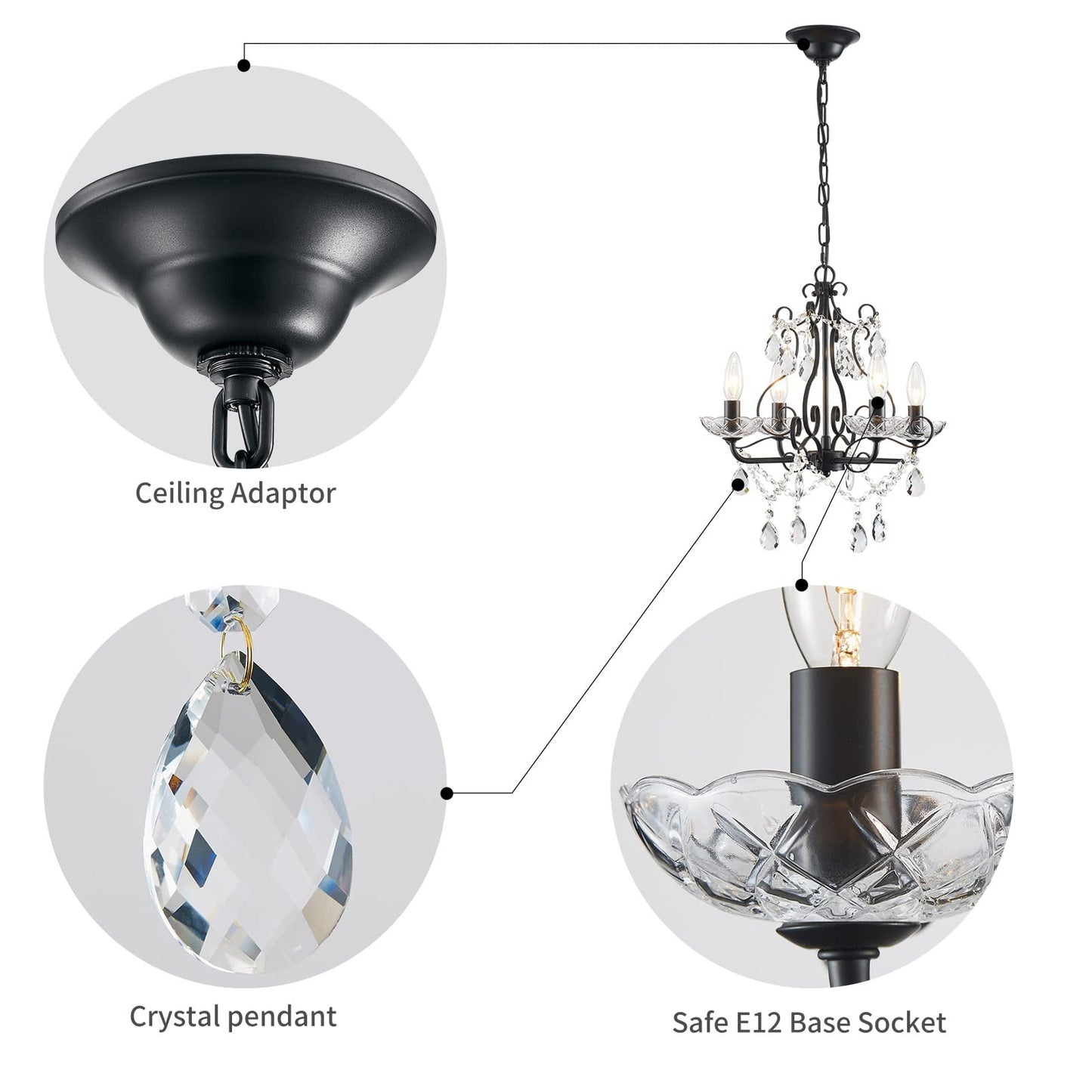 Crystal Candle Chandelier Pendant Flus mount Ceiling Light Modern Lighting Fixture for Bedroom Hallway Bar Kitchen Bathroom, H 14" x W 16", Black, E12 Base