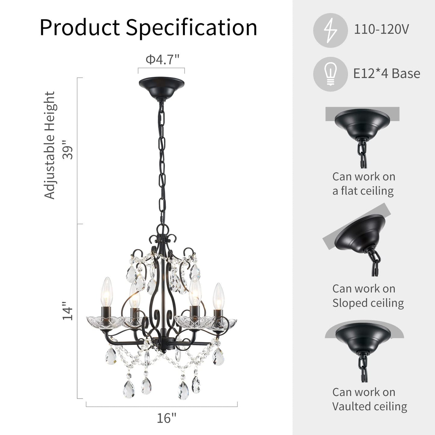 Crystal Candle Chandelier Pendant Flus mount Ceiling Light Modern Lighting Fixture for Bedroom Hallway Bar Kitchen Bathroom, H 14" x W 16", Black, E12 Base
