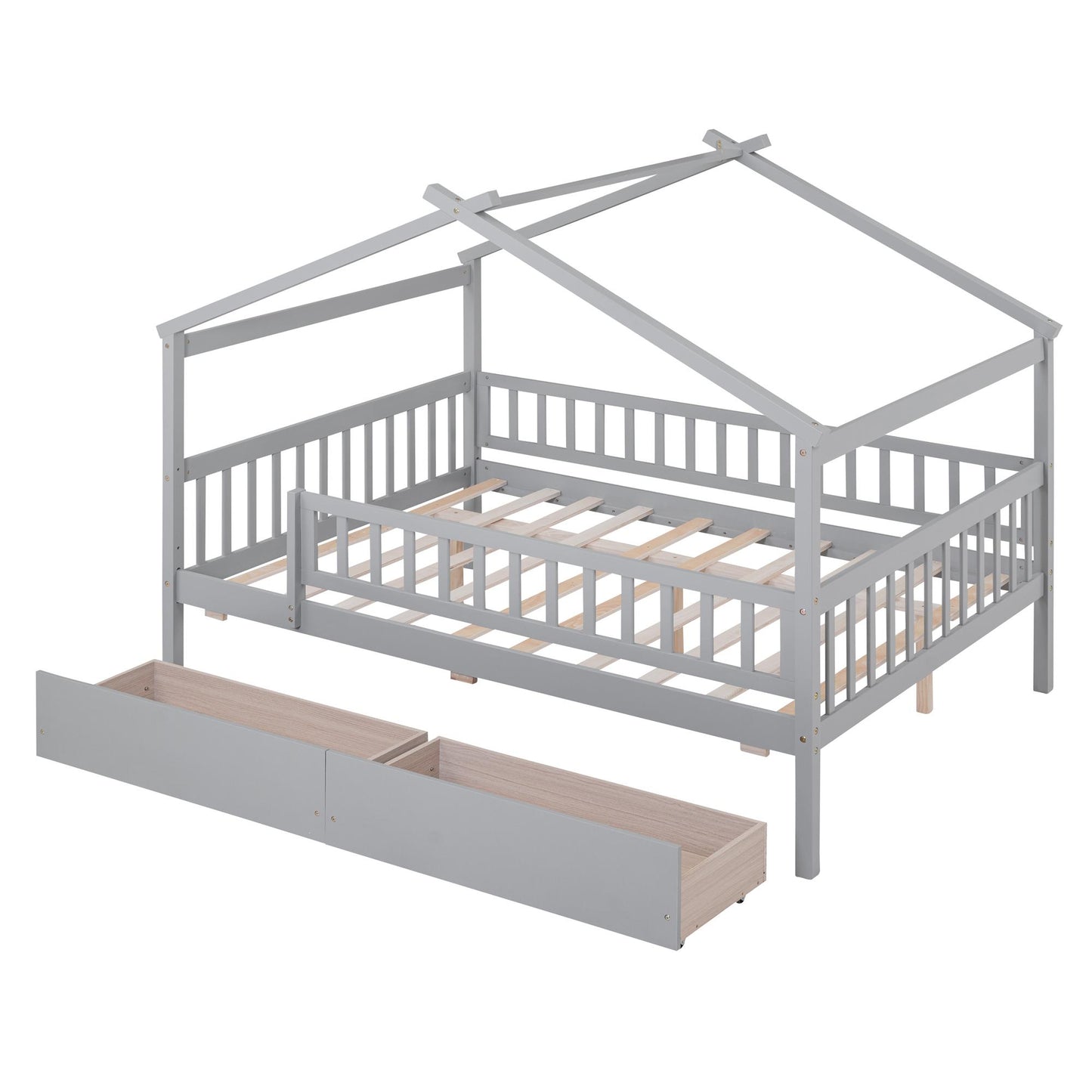 Full Size Wooden House Bed with Two Drawers