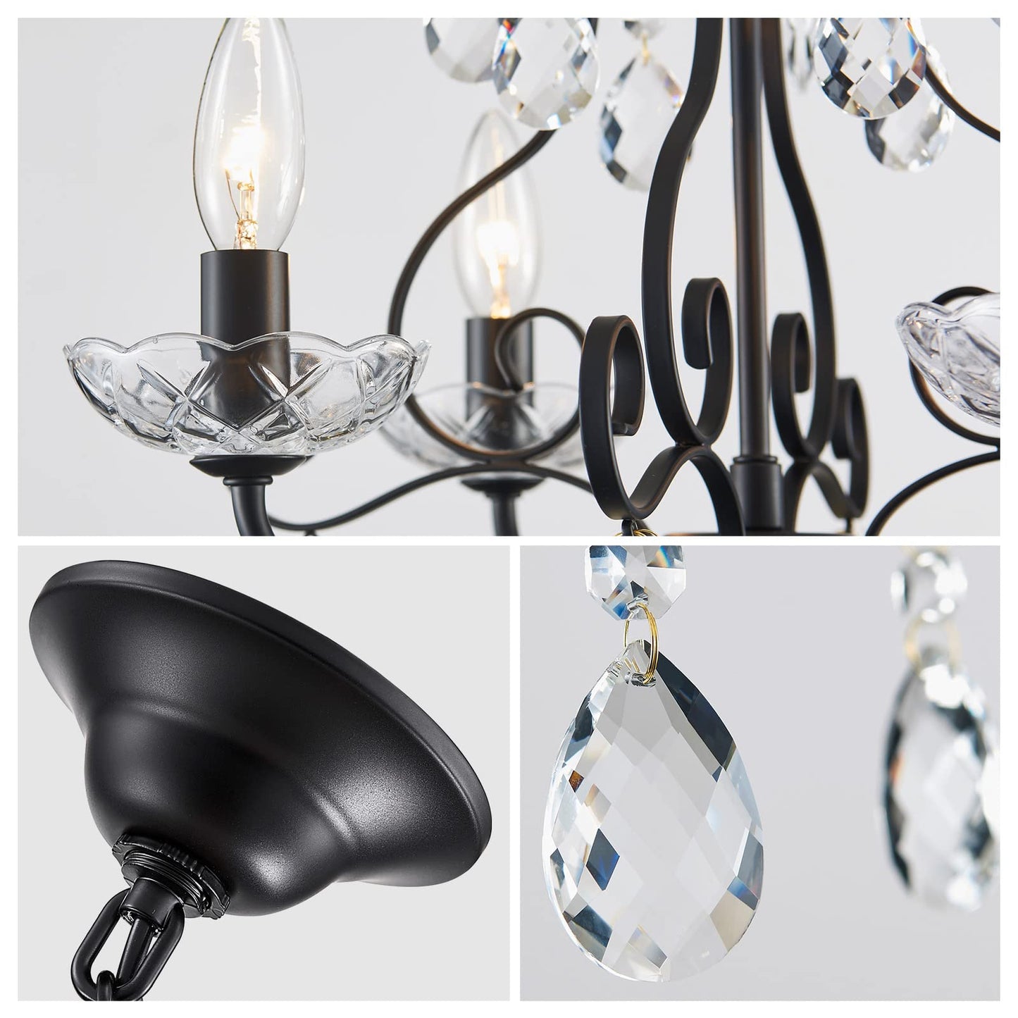 Crystal Candle Chandelier Pendant Flus mount Ceiling Light Modern Lighting Fixture for Bedroom Hallway Bar Kitchen Bathroom, H 14" x W 16", Black, E12 Base