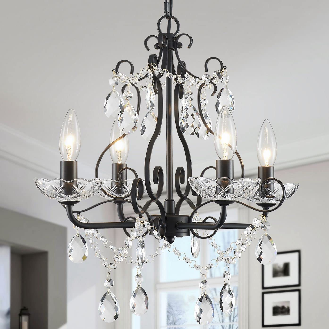 Crystal Candle Chandelier Pendant Flus mount Ceiling Light Modern Lighting Fixture for Bedroom Hallway Bar Kitchen Bathroom, H 14" x W 16", Black, E12 Base