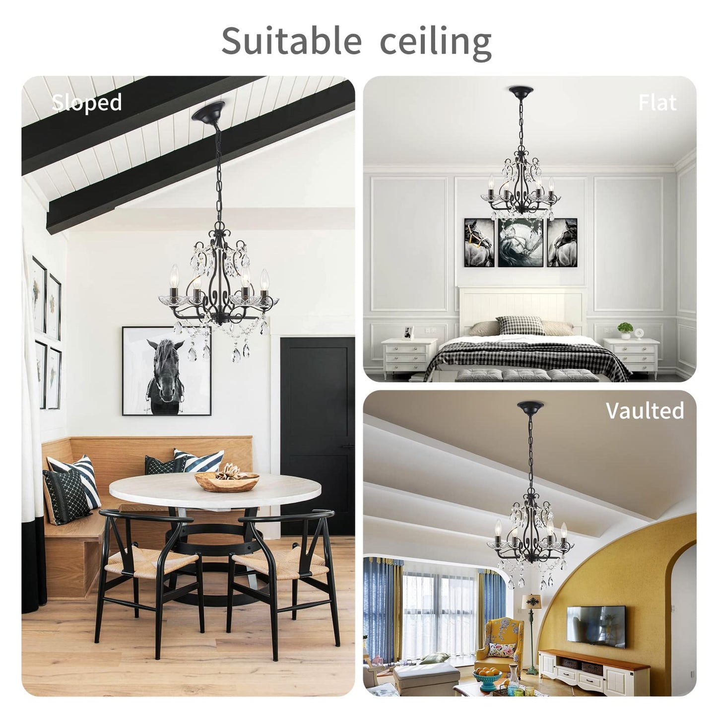 Crystal Candle Chandelier Pendant Flus mount Ceiling Light Modern Lighting Fixture for Bedroom Hallway Bar Kitchen Bathroom, H 14" x W 16", Black, E12 Base