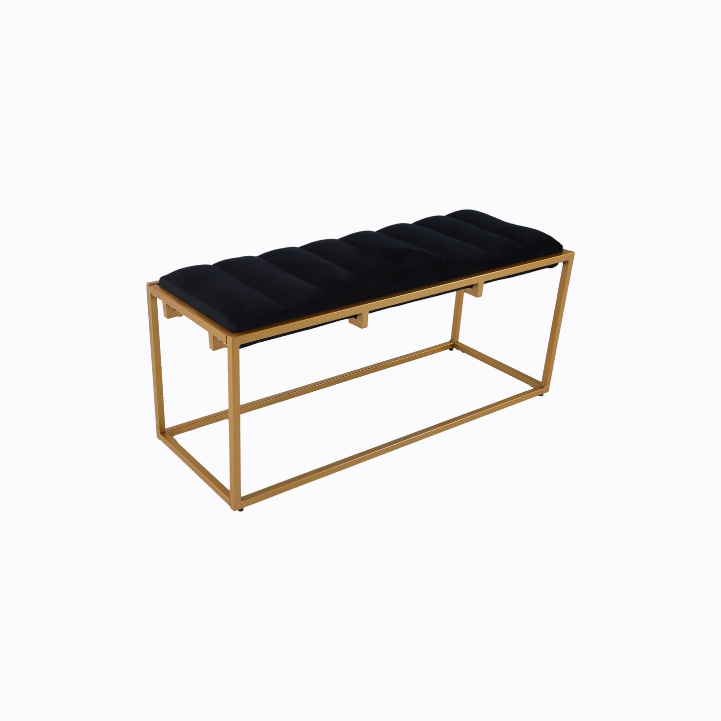 Rectangular Velvet Ottoman with Metal Base, Black and Golden