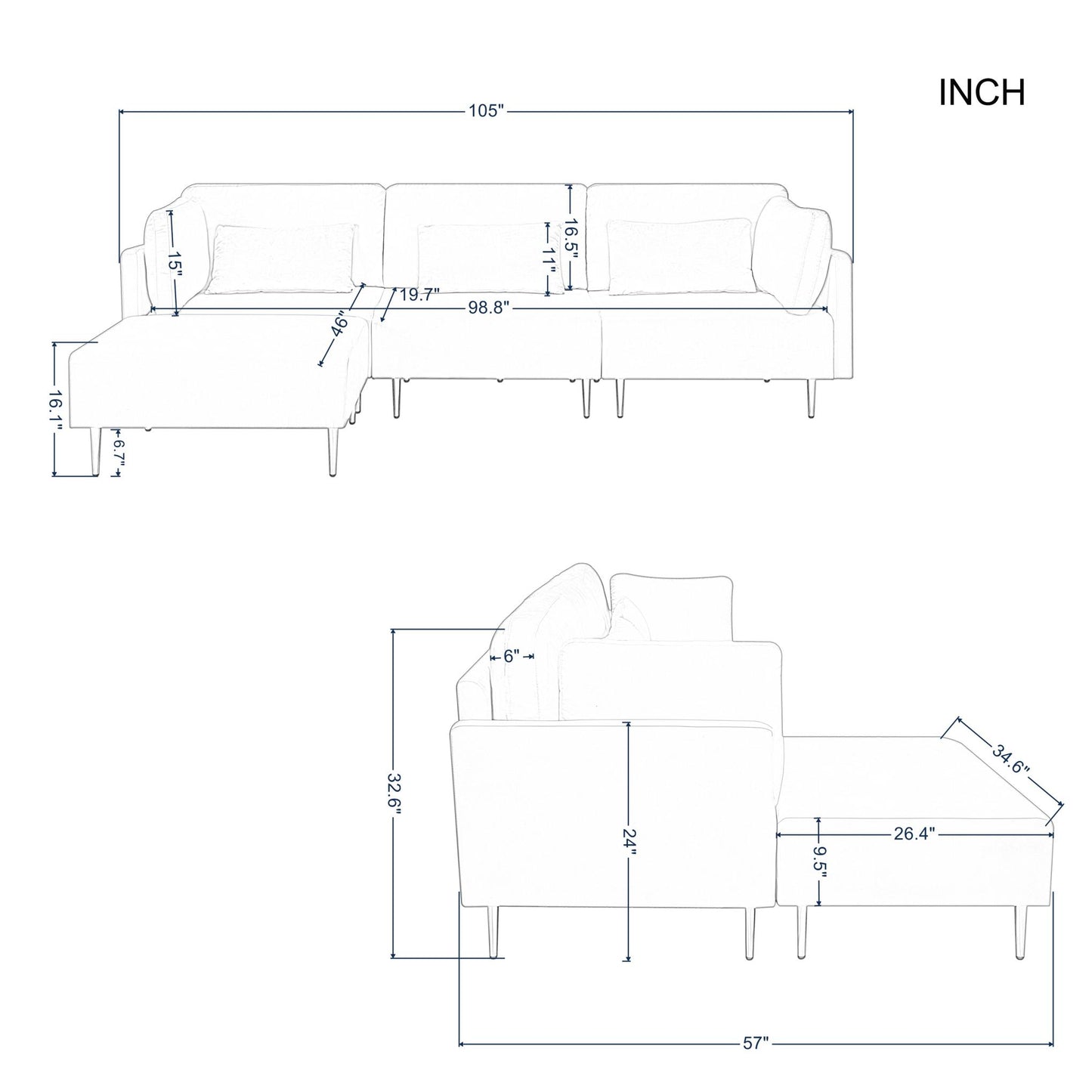 105” L Shaped Sectional Sofa with ottoman