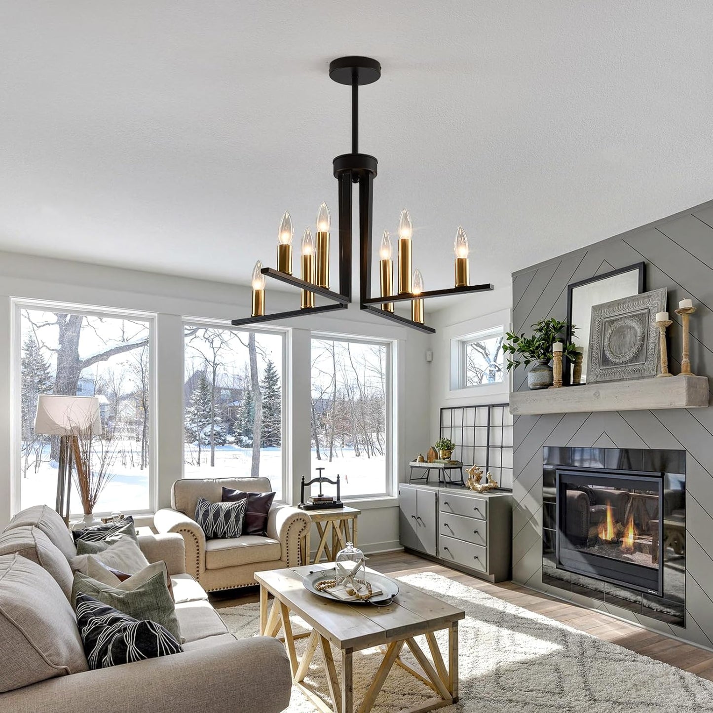 AvaMalis A|M Lighting 8 Light Modern Chandelier Black and Gold Metal Semi Flush Mount Ceiling Light Fixture Industrial