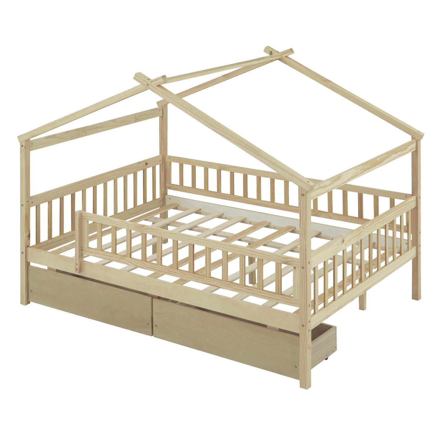 Full Size Wooden House Bed with Two Drawers