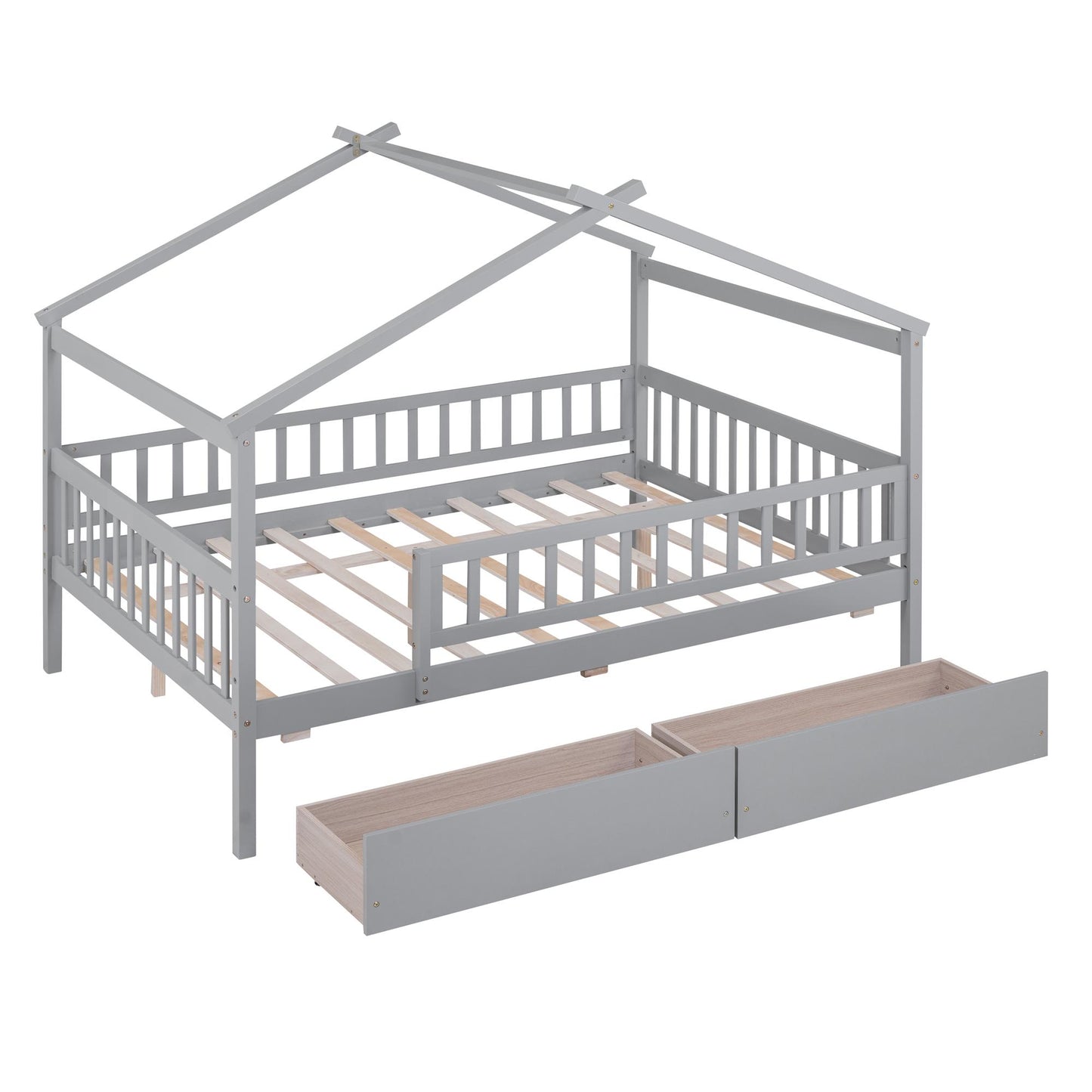 Full Size Wooden House Bed with Two Drawers