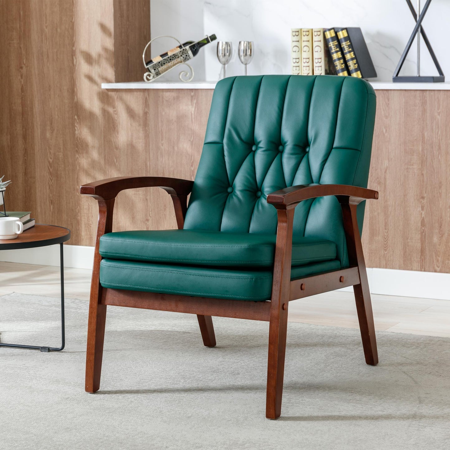 Mid Century Single Armchair Sofa Accent Chair Retro Modern Solid Wood Armrest Accent Chair, Fabric Upholstered Wooden Lounge Chair