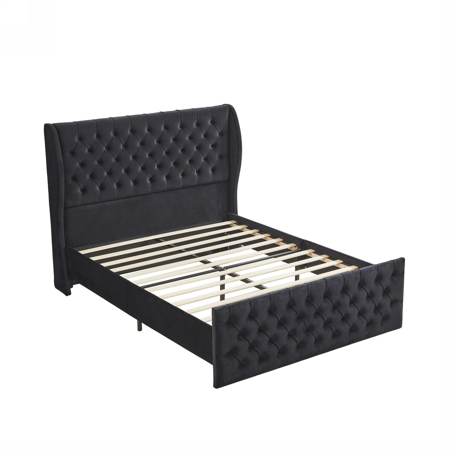 Upholstered wingback velvet fabric Chesterfield bed/button tufted headboard with vintage wings/wood slat support/easy to assemble。Queen-Size