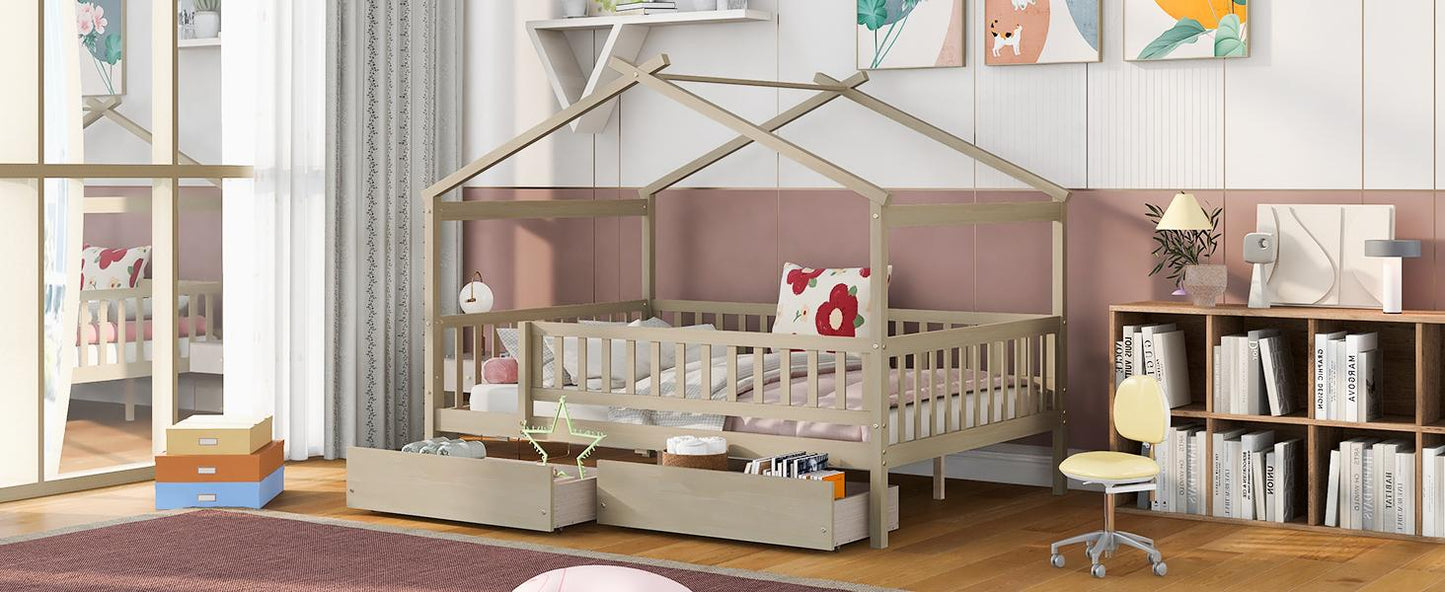 Full Size Wooden House Bed with Two Drawers