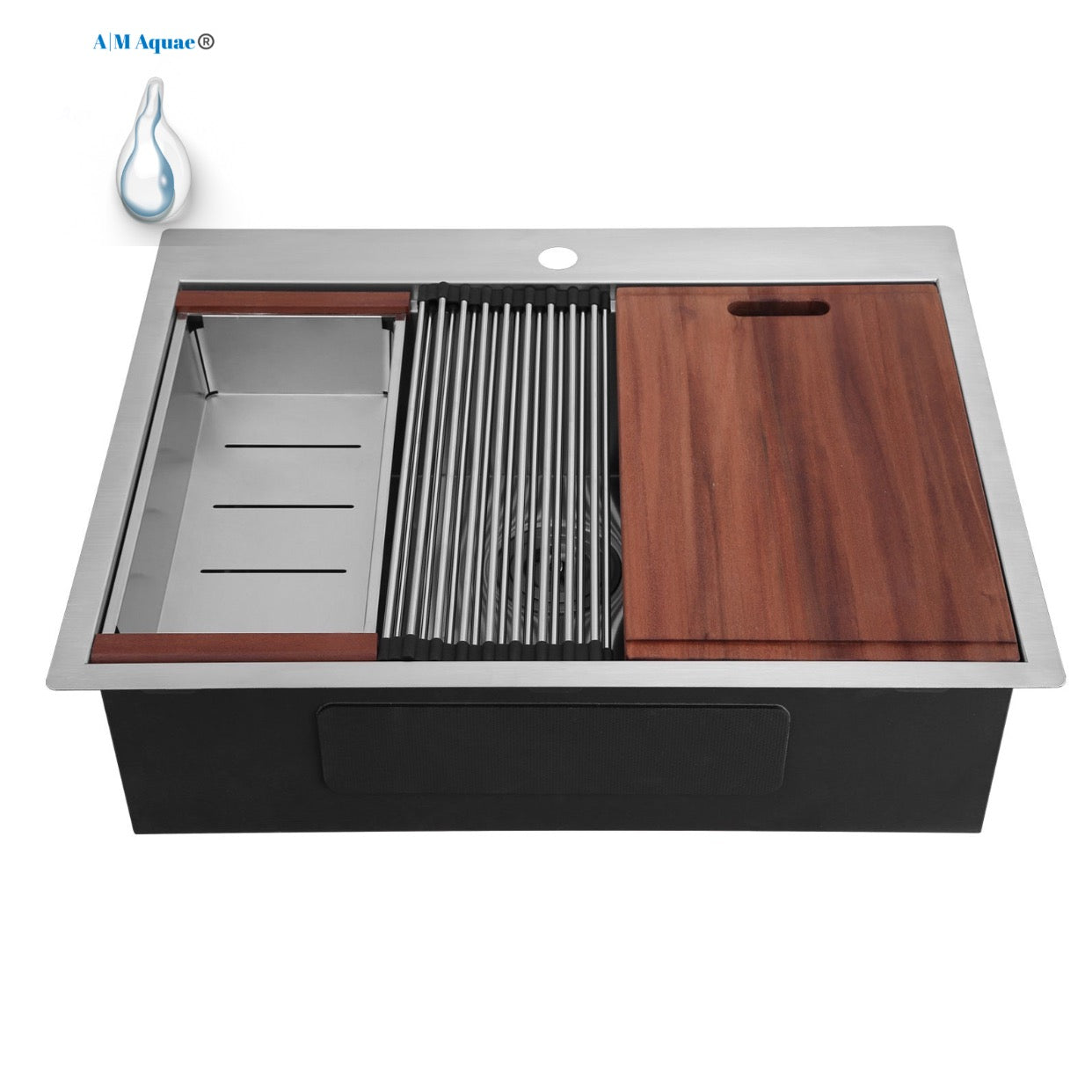 A|M Aquae Workstation Gunmetal Black 33 x22 inch Stainless Steel 16 Gauge Single Bowl Kitchen Sink
