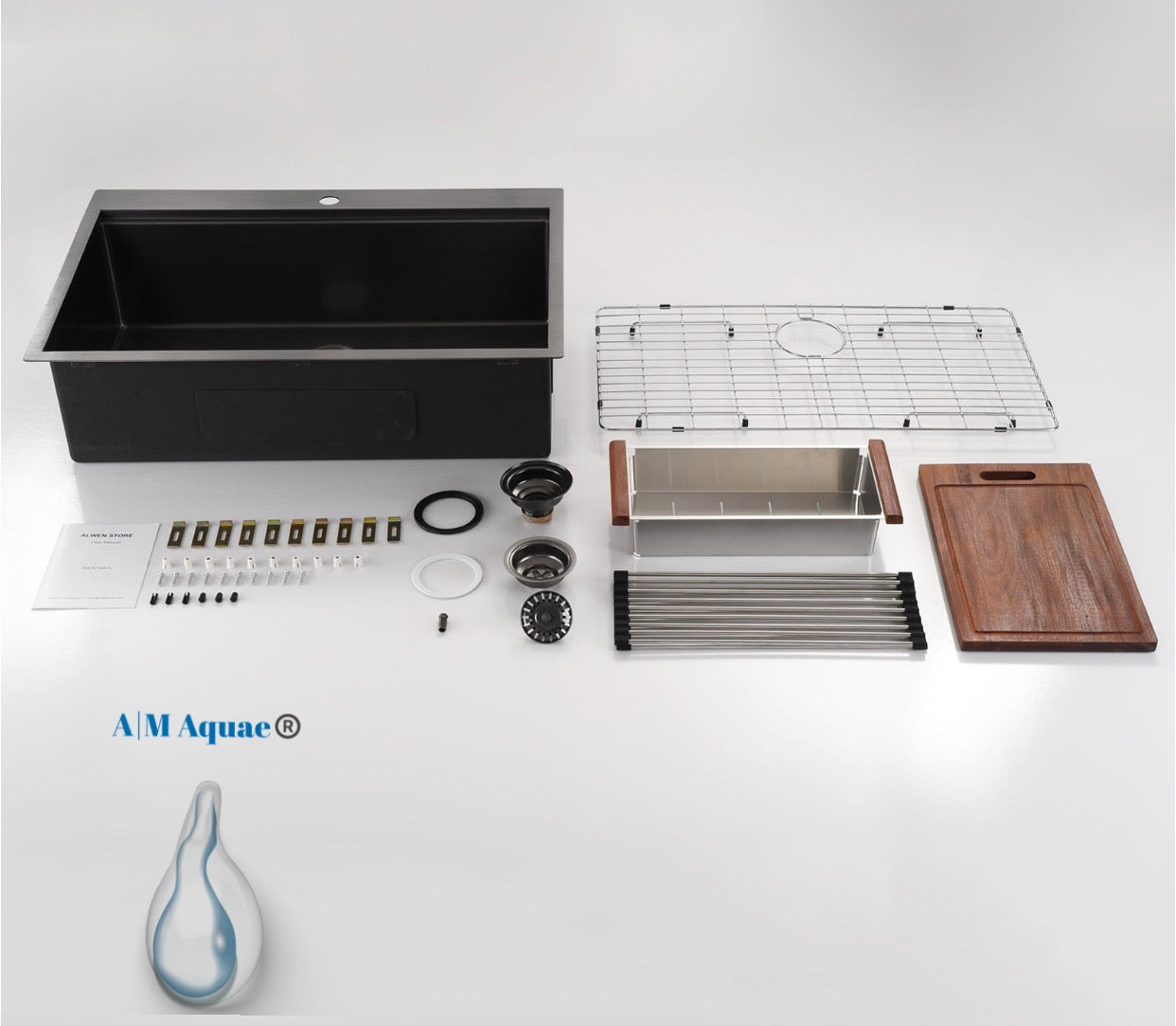A|M Aquae Workstation Gunmetal Black 33 x22 inch Stainless Steel 16 Gauge Single Bowl Kitchen Sink