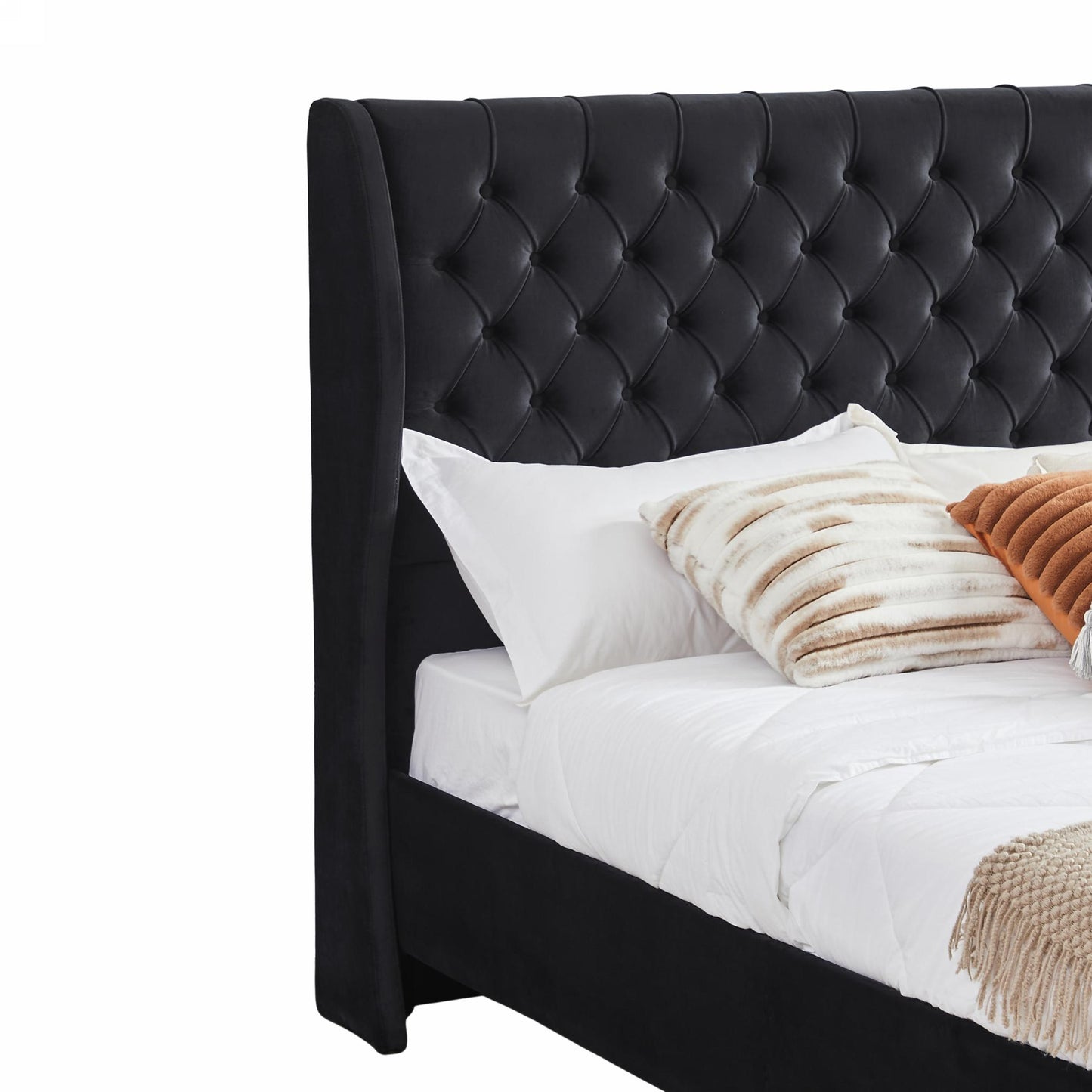 Upholstered wingback velvet fabric Chesterfield bed/button tufted headboard with vintage wings/wood slat support/easy to assemble。Queen-Size