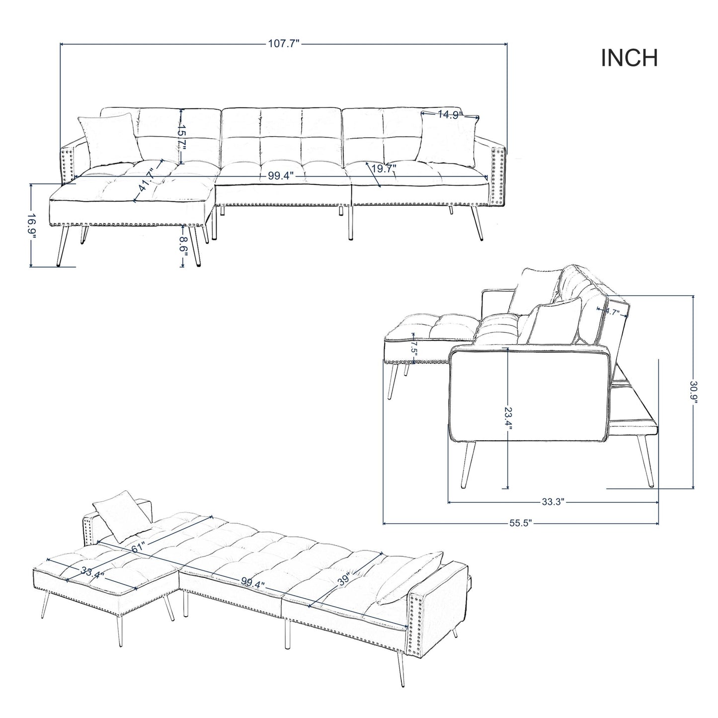 107.7” Sectional Sleeper Sofa bed