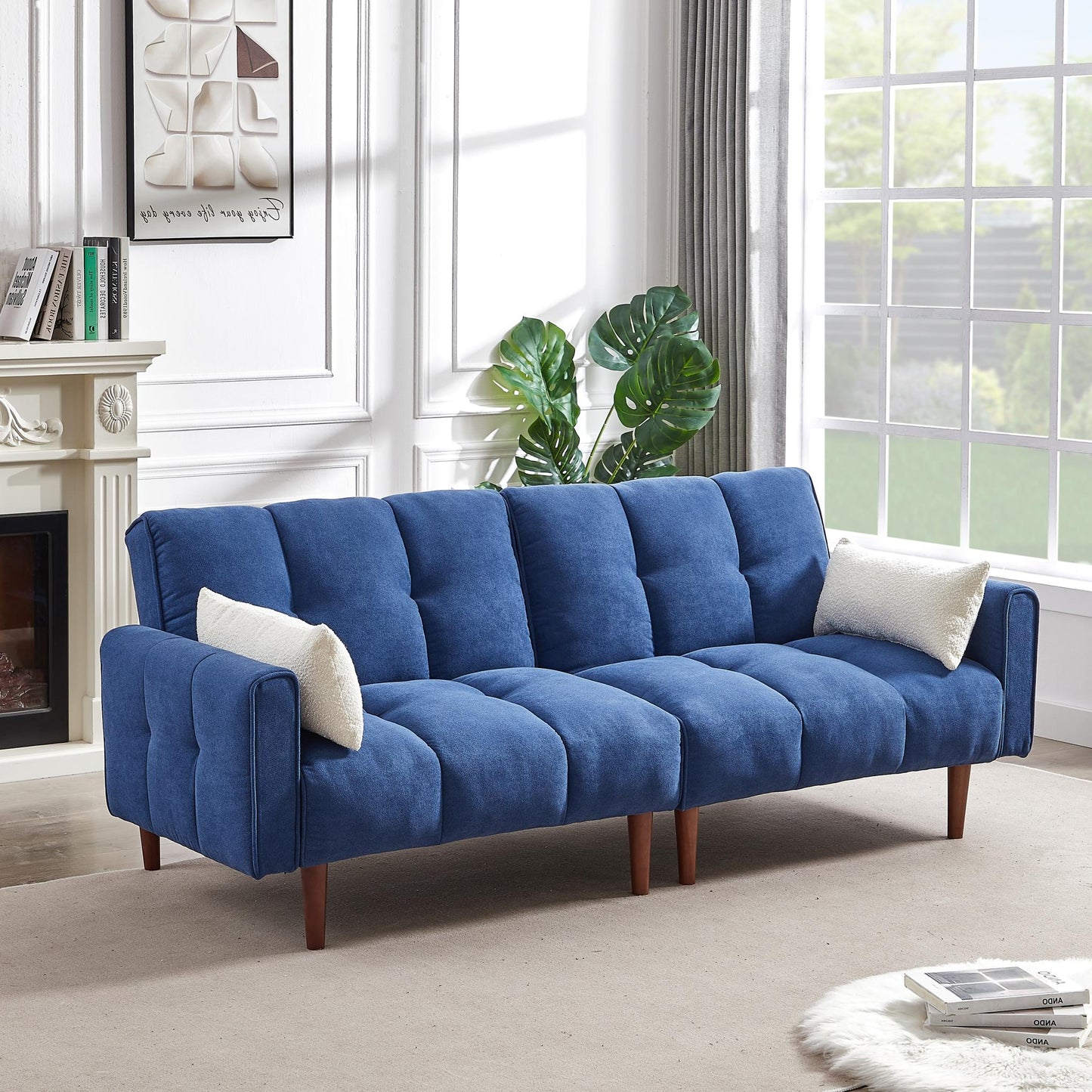 Modern fabric linen upholstered sofa bed with 3 levels of adjustable backrest, solid wood legs and 2 pillows for multiple environments.