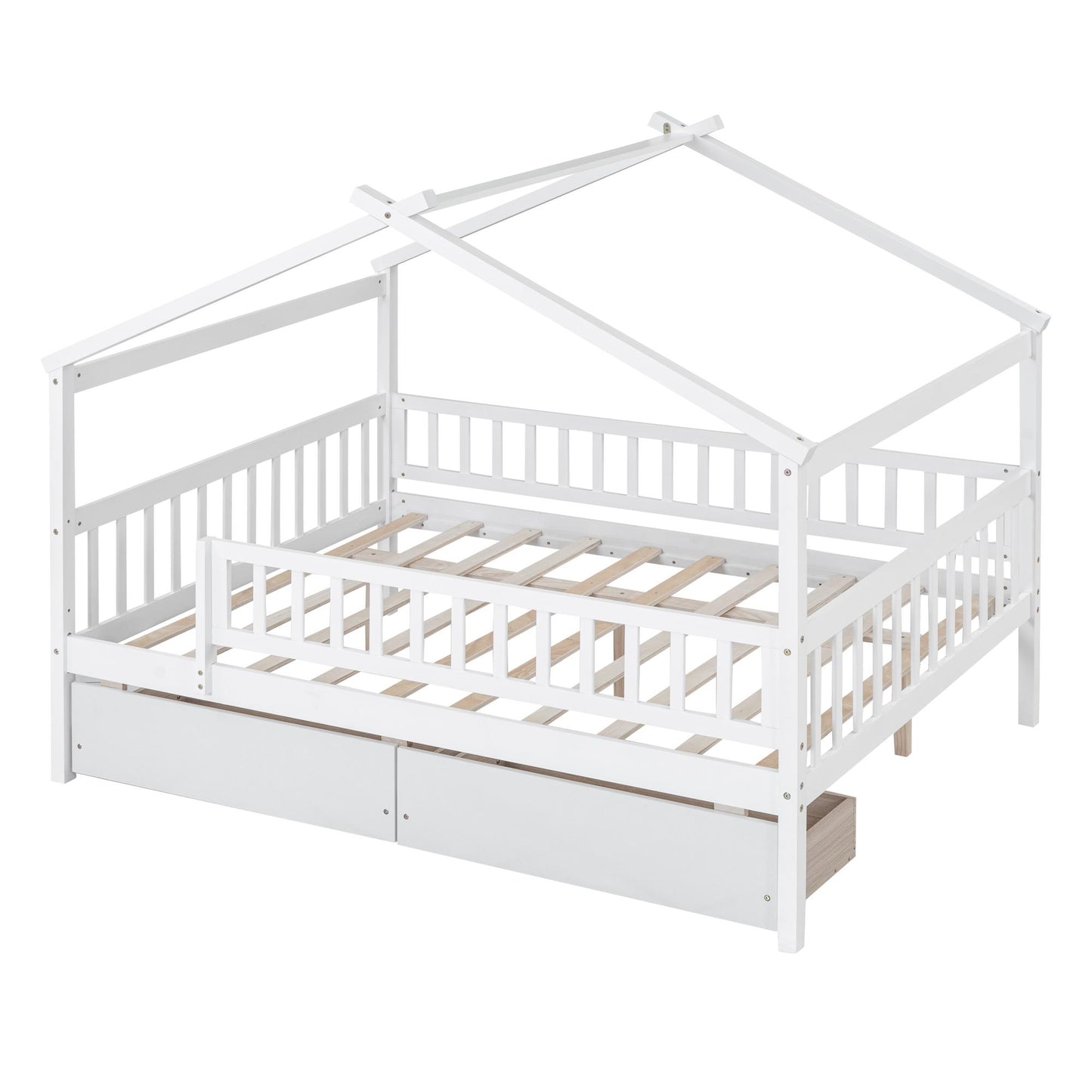 Full Size Wooden House Bed with Two Drawers