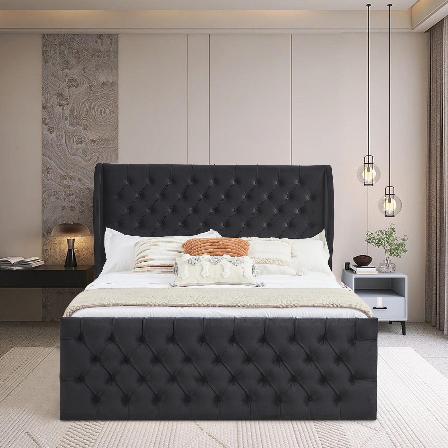 Upholstered wingback velvet fabric Chesterfield bed/button tufted headboard with vintage wings/wood slat support/easy to assemble。Queen-Size