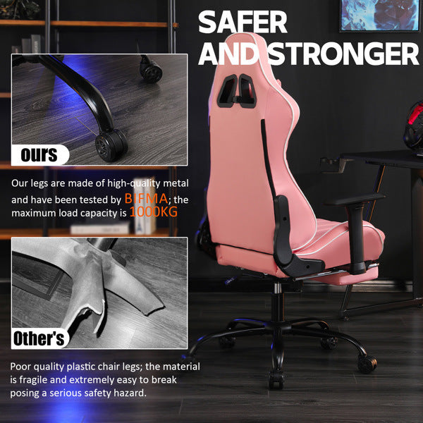 Ergonomic Gaming Chair with Footrest, Comfortable Computer Chair for Heavy People, Adjustable Height Office Desk Chair with Wheels, Breathable Leather Video Game Chairs (Pink)