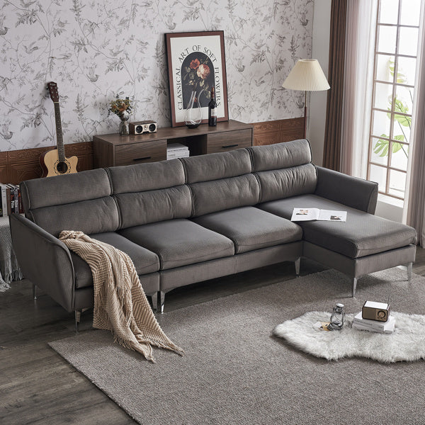 282*142*88cm Pushback Chair Shape Four Seats with Footstool Plaid Fleece Diamond Electroplated Gold Triple Leg Indoor Modular Sofa Beige