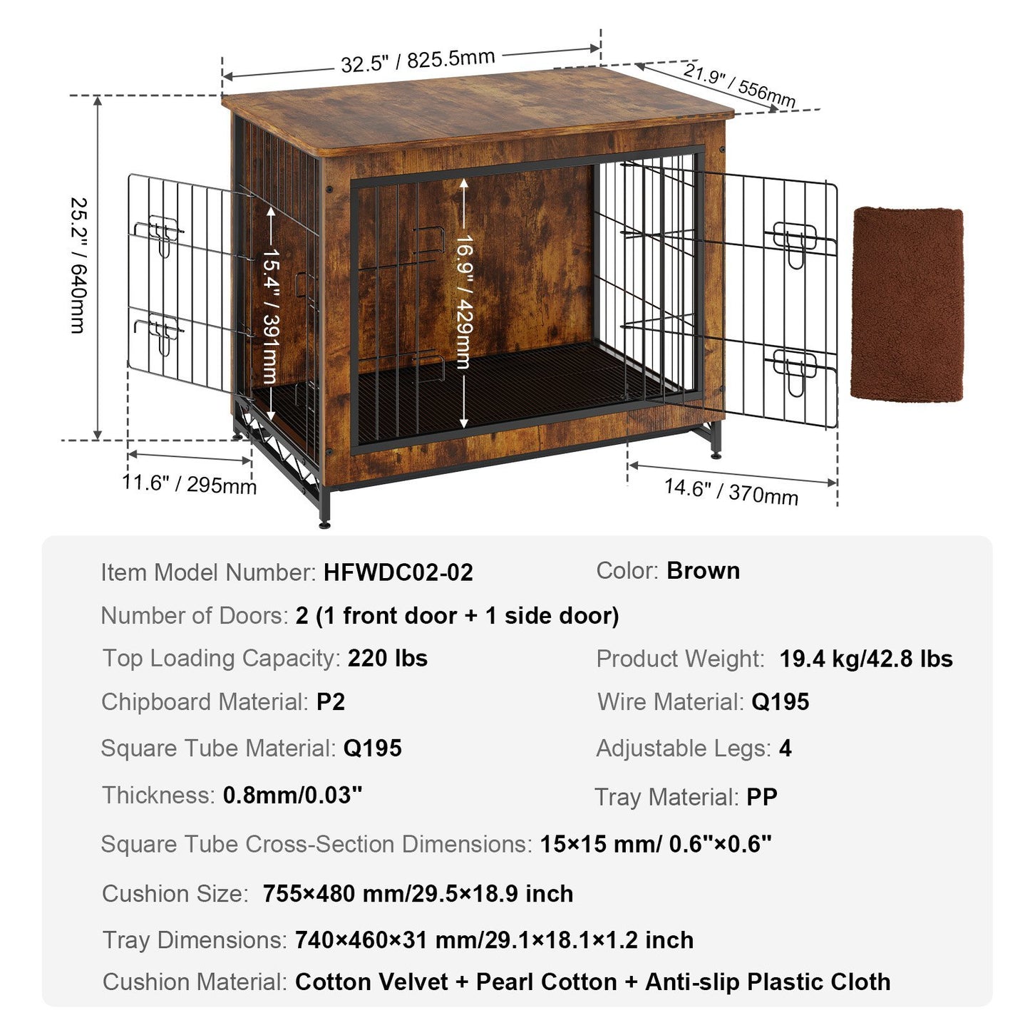 Dog Crate Furniture, 32 inch Wooden Dog Crate with Double Doors, Heavy-Duty Dog Cage End Table with Multi-Purpose Removable Tray, Modern Dog Kennel Indoor for Dogs up to 45lb, Rustic Brown