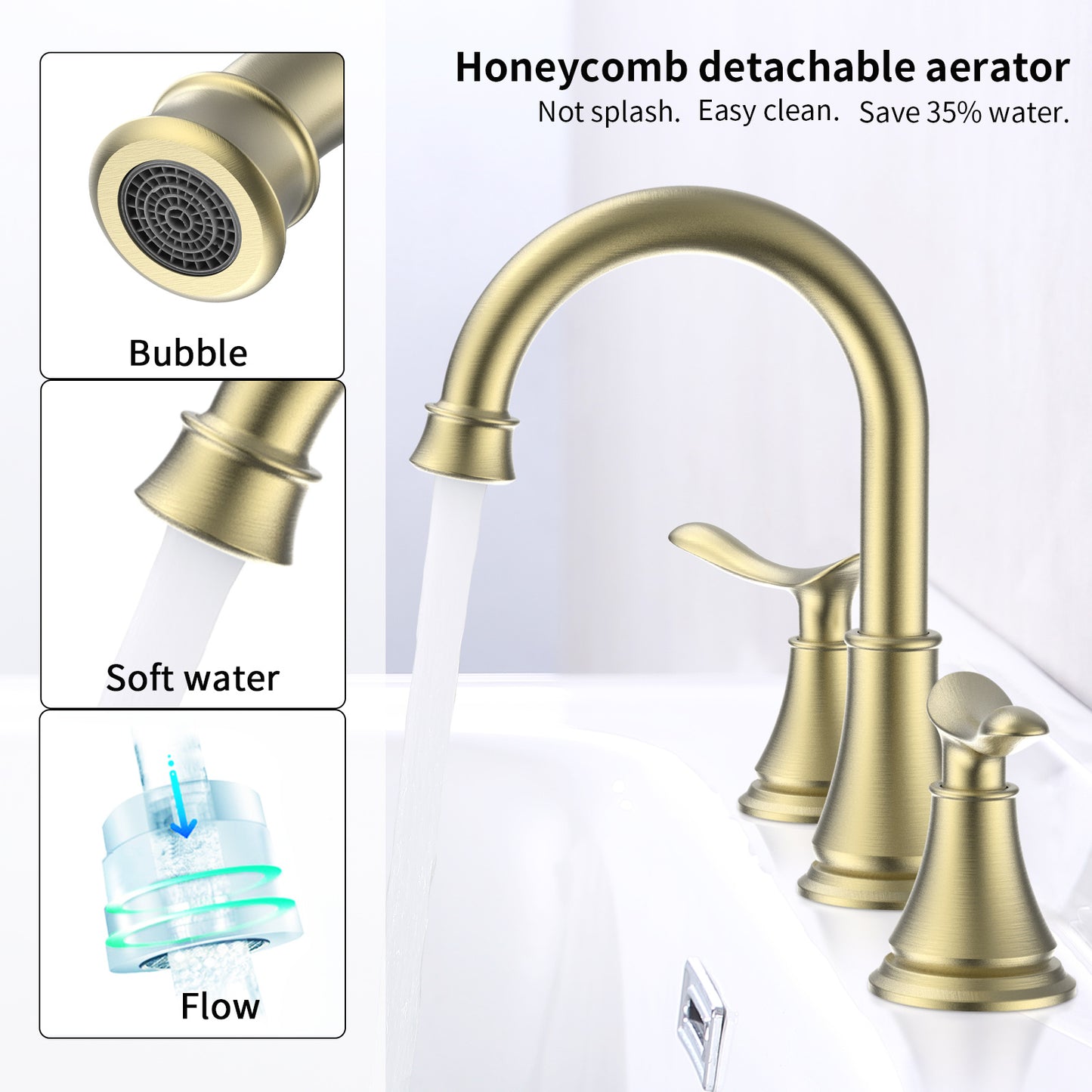AvaMalis A|M Aquae 2-Handle 8 inch Widespread Bathroom Sink Faucet Brushed Gold Lavatory Faucet 3 Hole 360° Swivel Spout Vanity Sink Basin Faucets 3007B-NA