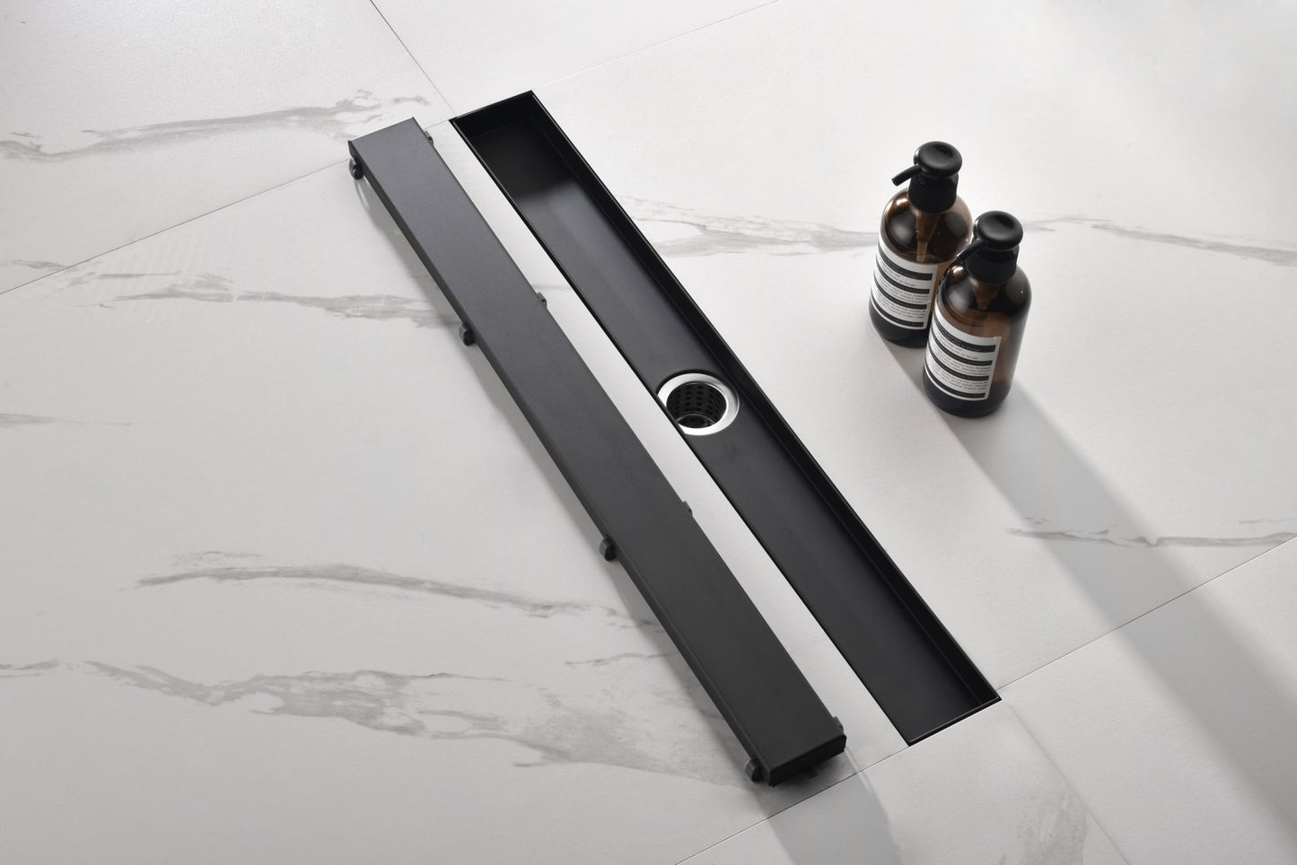 Linear Shower Drain with Removable Quadrato Pattern Grate, 304 Stainless Shower Drain Included Hair Strainer and Leveling Feet