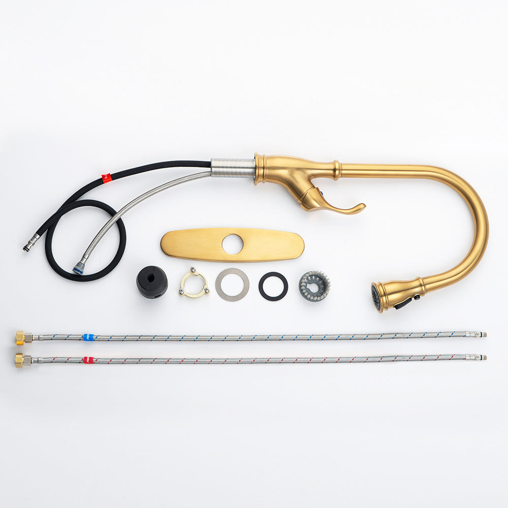 AvaMalis A|M Aquae Gold Kitchen Faucet with Pull Down Sprayer Brushed Gold Single Handle 1 Hole High Arc Pull Out Kitchen Sink Faucets