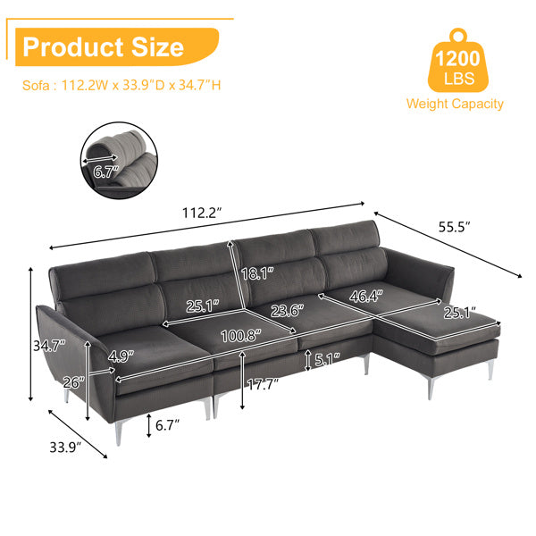 282*142*88cm Pushback Chair Shape Four Seats with Footstool Plaid Fleece Diamond Electroplated Gold Triple Leg Indoor Modular Sofa Beige