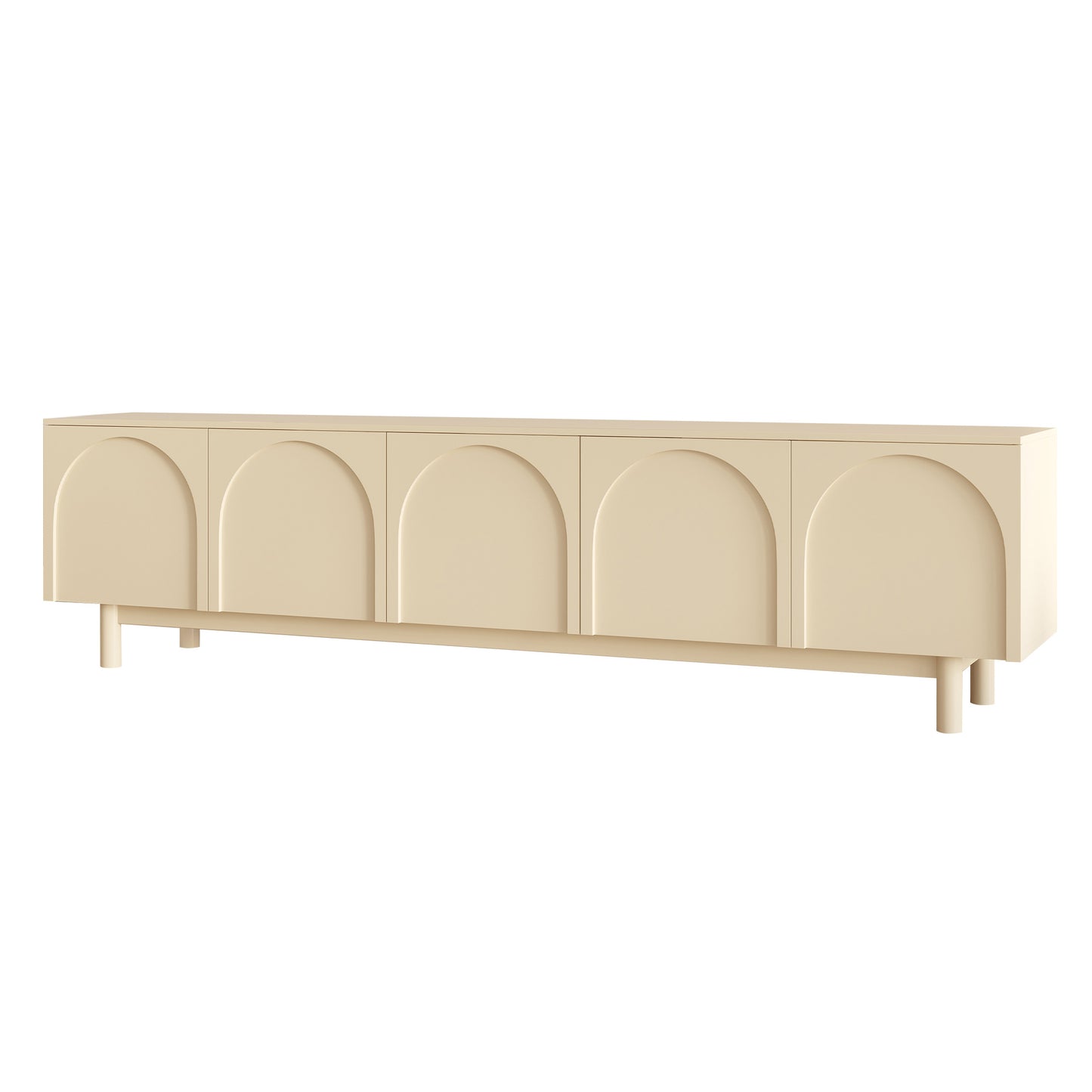 Modern White TV Stand, Minimallist Entertainment Center with 5 Cabinets, Wood Foot Legs