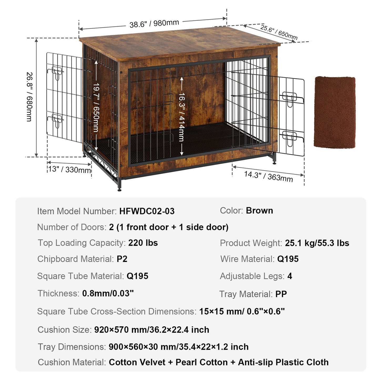 Dog Crate Furniture, 38 inch Wooden Dog Crate with Double Doors, Heavy-Duty Dog Cage End Table with Multi-Purpose Removable Tray, Modern Dog Kennel Indoor for Dogs up to 70lb, Rustic Brown