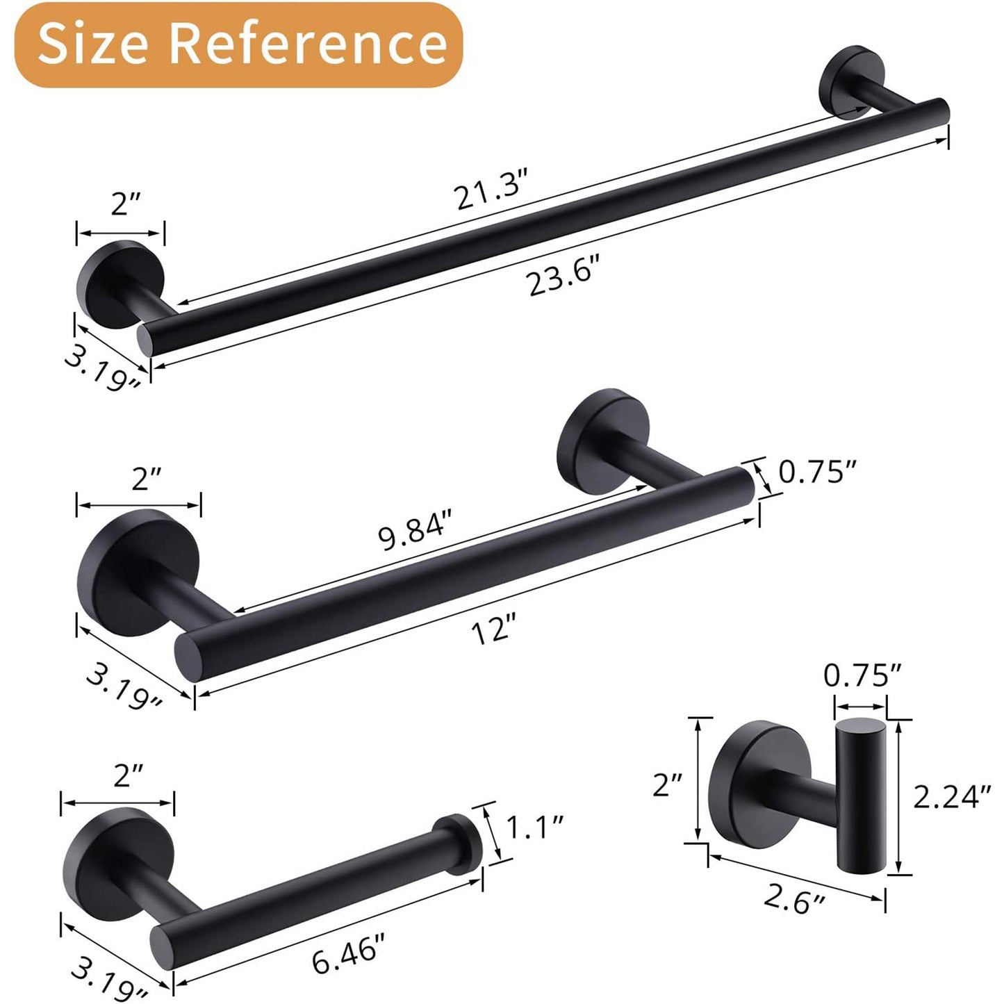 Wall Mounted Towel Rail, 4 Pieces Bathroom Accessories Set, Stainless Steel Toilet Roll Holder and Hooks