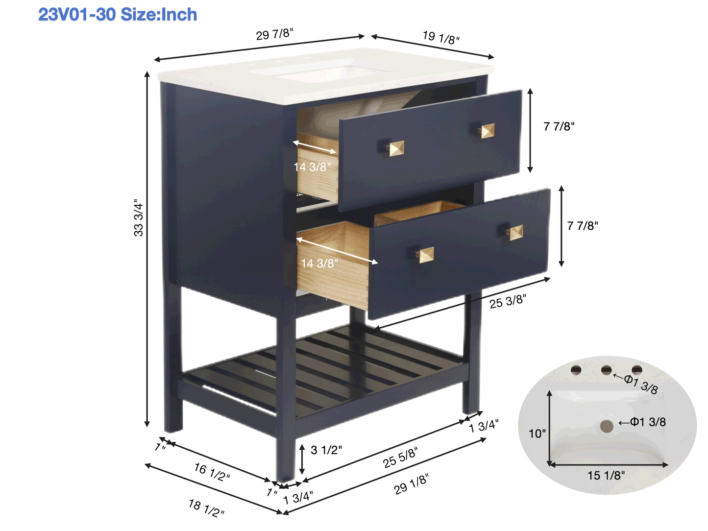 Vanity Sink Combo featuring a Marble Countertop, Bathroom Sink Cabinet, and Home Decor Bathroom Vanities - Fully Assembled Blue 30-inch Vanity with Sink 23V01-30NB