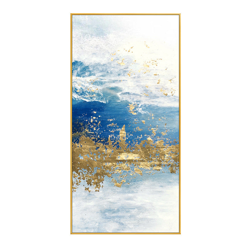 100% Handmade Modern Abstract Gold foil lines Blue Canvas Art Paintings For Living Room Bedroom Posters Wall Poster Home Decor
