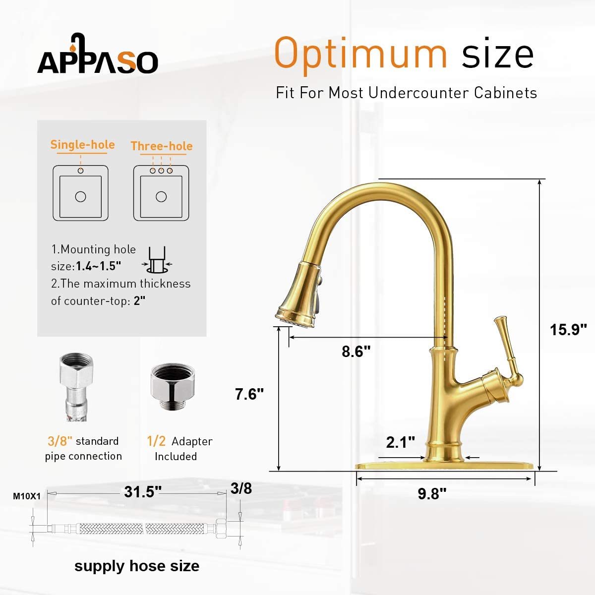 AvaMalis A|M Aquae APPASO Gold Kitchen Faucet with Pull Down Sprayer, Antique Brushed Gold Single Handle 1 Hole High Arc Copper Brass Pull Out Kitchen Sink Faucets, Champagne Gold