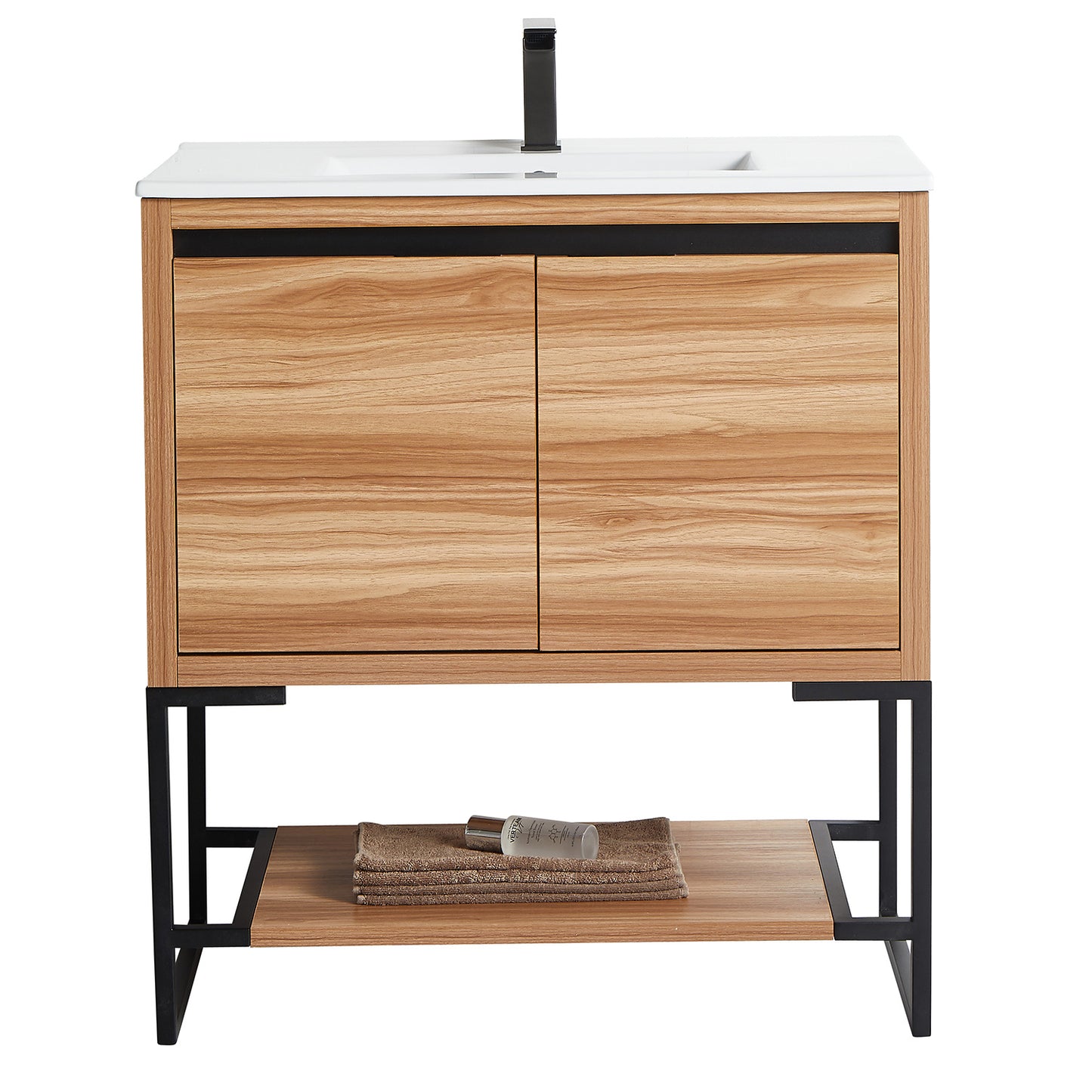 32 inches Wood Freestanding Bathroom Vanity Combo with Integrated Ceramic Sink and 2 Soft Close Doors