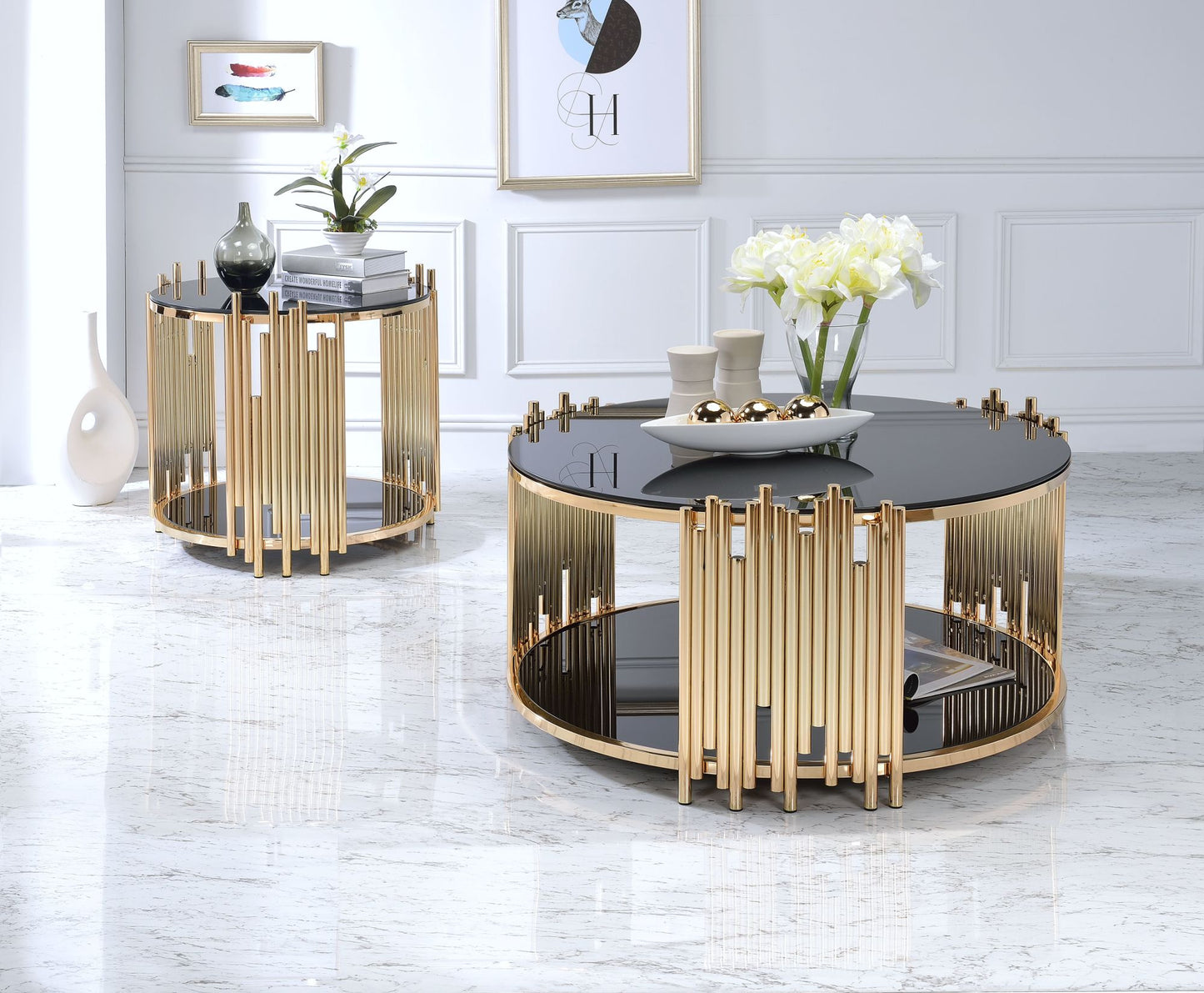 AvaMalis Tanquin Coffee Table in Gold & Black Glass 84490