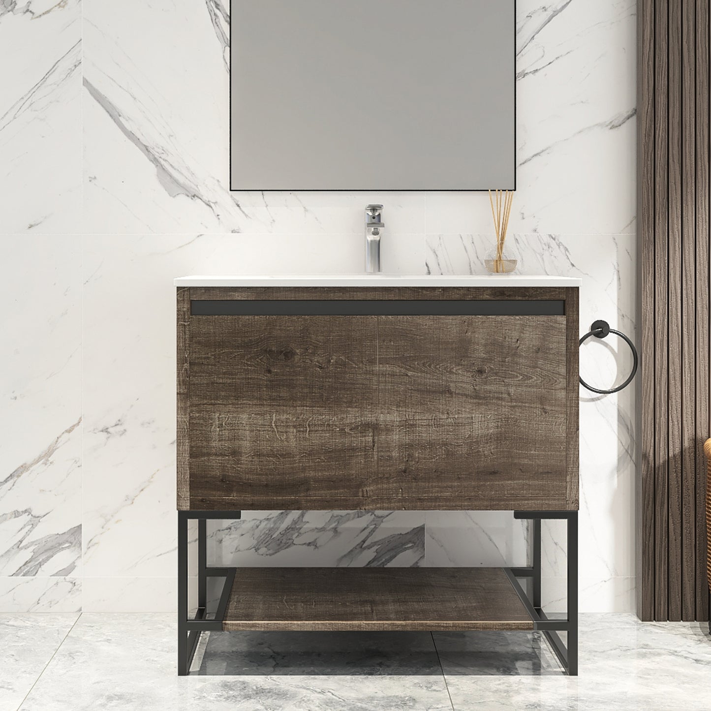 32 inches Wood Freestanding Bathroom Vanity Combo with Integrated Ceramic Sink and 2 Soft Close Doors