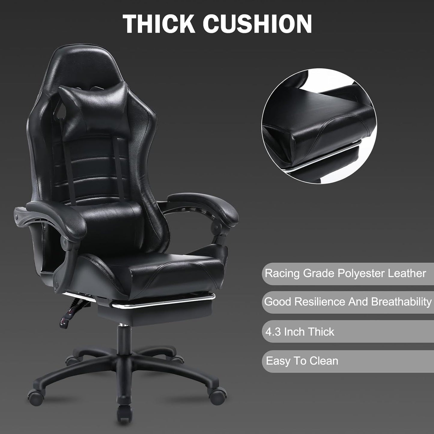 Ergonomic Gaming Chair for Adults, Comfortable Computer Chair for Heavy People, Adjustable Height Office Desk Chair with Wheels, Breathable Leather Video Game Chairs