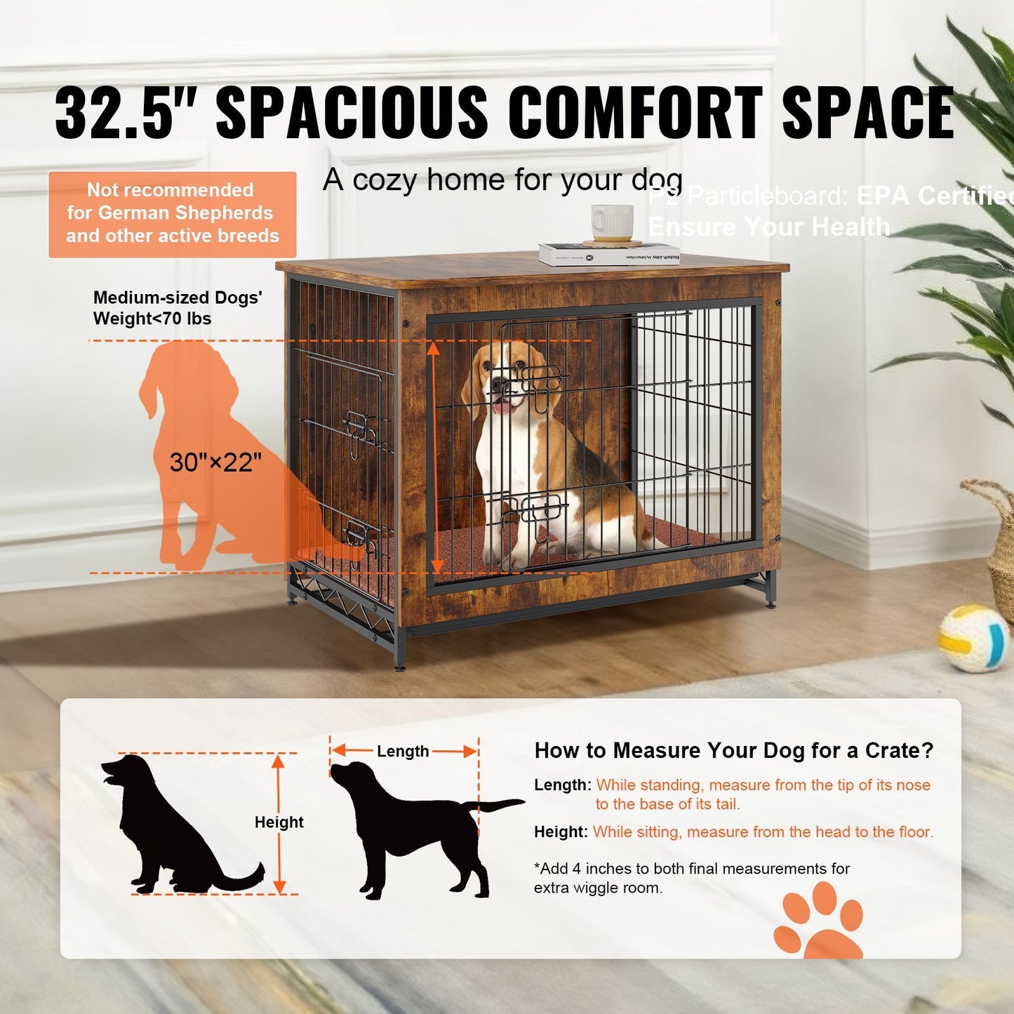 Dog Crate Furniture, 32 inch Wooden Dog Crate with Double Doors, Heavy-Duty Dog Cage End Table with Multi-Purpose Removable Tray, Modern Dog Kennel Indoor for Dogs up to 45lb, Rustic Brown