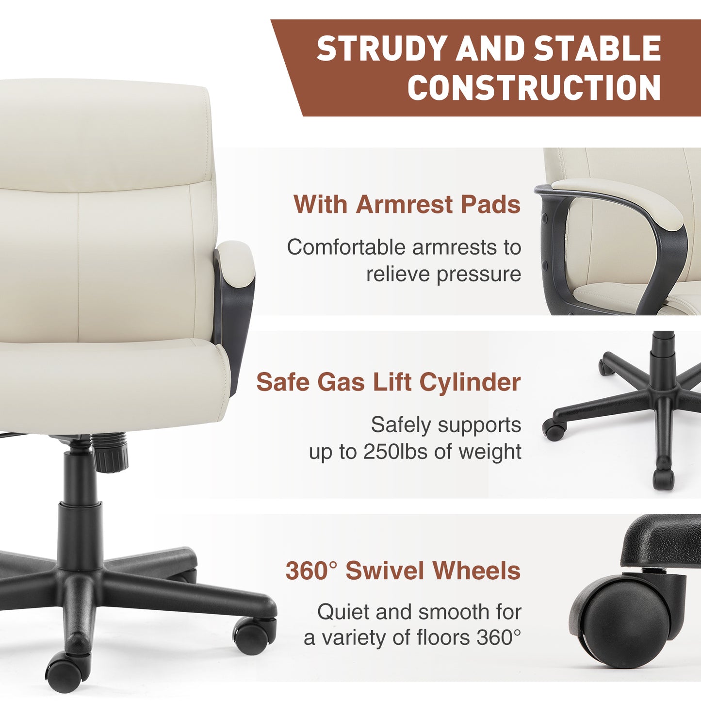 Mid Back Office Desk Chair with Padded Armrests PU Leather Home Office Chair