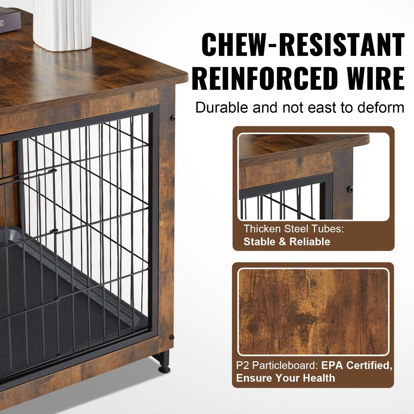 Dog Crate Furniture, 32 inch Wooden Dog Crate with Double Doors, Heavy-Duty Dog Cage End Table with Multi-Purpose Removable Tray, Modern Dog Kennel Indoor for Dogs up to 45lb, Rustic Brown