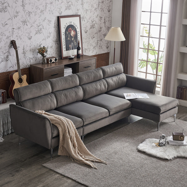282*142*88cm Pushback Chair Shape Four Seats with Footstool Plaid Fleece Diamond Electroplated Gold Triple Leg Indoor Modular Sofa Beige
