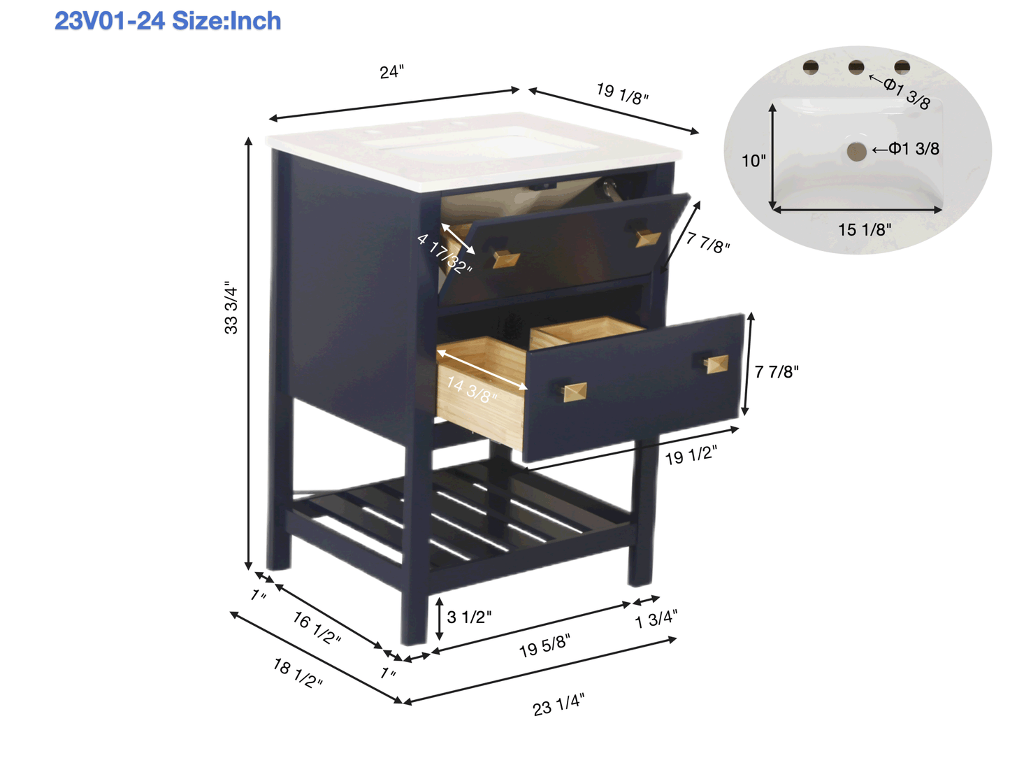 Vanity Sink Combo featuring a Marble Countertop, Bathroom Sink Cabinet, and Home Decor Bathroom Vanities - Fully Assembled Blue 24-inch Vanity with Sink 23V01-24NB